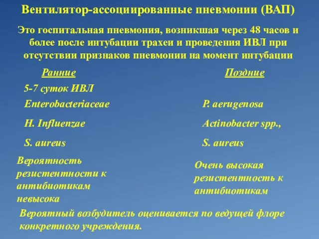 Вентилятор-ассоциированные пневмонии (ВАП) Это госпитальная пневмония, возникшая через 48 часов и более