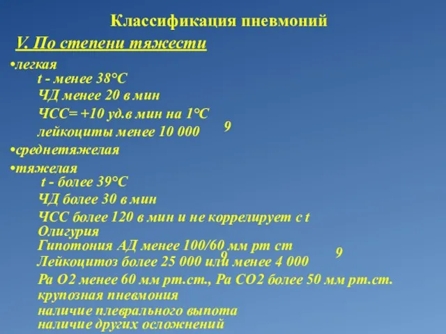 Классификация пневмоний V. По степени тяжести легкая t - менее 38°С ЧД