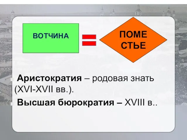 ВОТЧИНА = ПОМЕСТЬЕ Аристократия – родовая знать (XVI-XVII вв.). Высшая бюрократия – XVIII в..