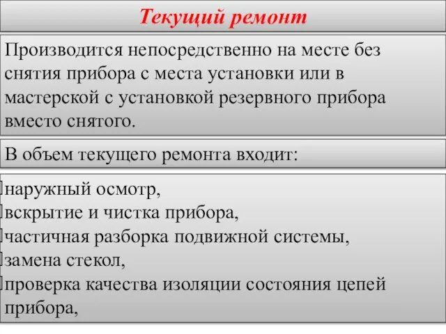 Текущий ремонт Производится непосредственно на месте без снятия прибора с места установки