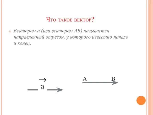 Что такое вектор? Вектором а (или вектором АВ) называется направленный отрезок, у