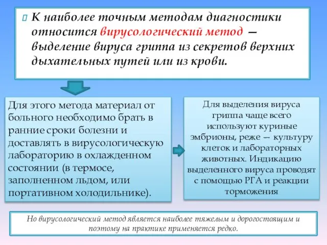 К наиболее точным методам диагностики относится вирусологический метод — выделение вируса гриппа