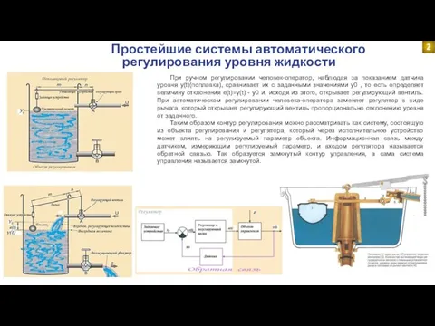 Простейшие системы автоматического регулирования уровня жидкости При ручном регулировании человек-оператор, наблюдая за