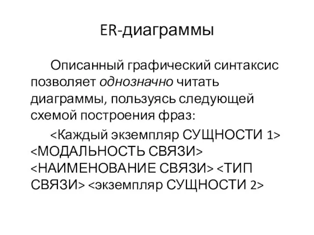 ER-диаграммы Описанный графический синтаксис позволяет однозначно читать диаграммы, пользуясь следующей схемой построения фраз: