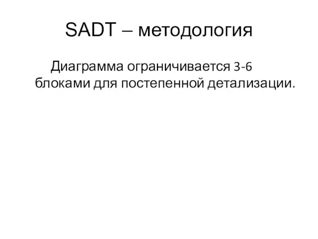 SADT – методология Диаграмма ограничивается 3-6 блоками для постепенной детализации.