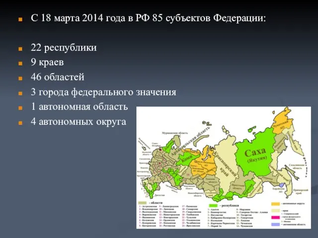 C 18 марта 2014 года в РФ 85 субъектов Федерации: 22 республики