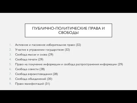 ПУБЛИЧНО-ПОЛИТИЧЕСКИЕ ПРАВА И СВОБОДЫ Активное и пассивное избирательное право (32) Участие в