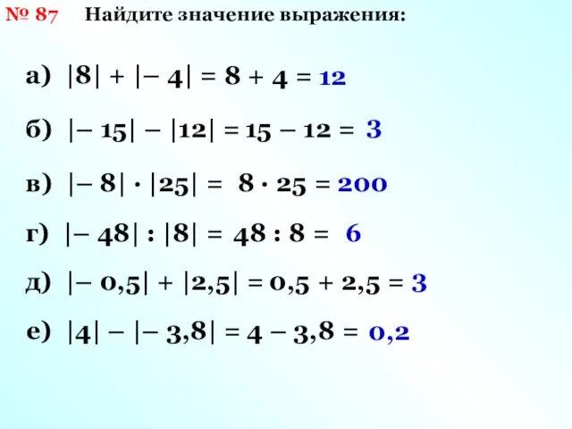 № 87 Найдите значение выражения: а) |8| + |– 4| = 8