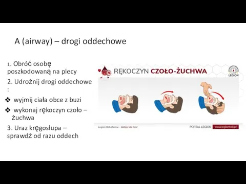 A (airway) – drogi oddechowe 1. Obróć osobę poszkodowaną na plecy 2.
