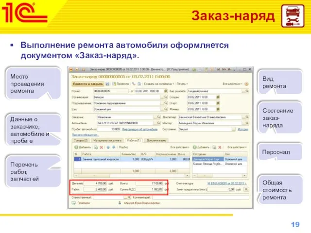 Заказ-наряд Выполнение ремонта автомобиля оформляется документом «Заказ-наряд». Данные о заказчике, автомобиле и