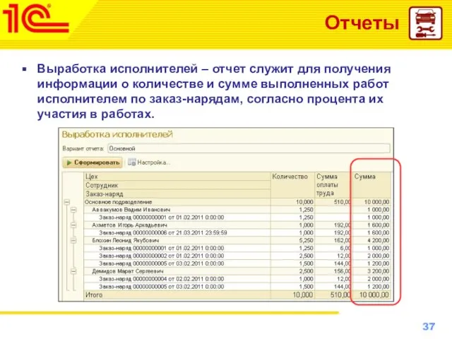 Отчеты Выработка исполнителей – отчет служит для получения информации о количестве и