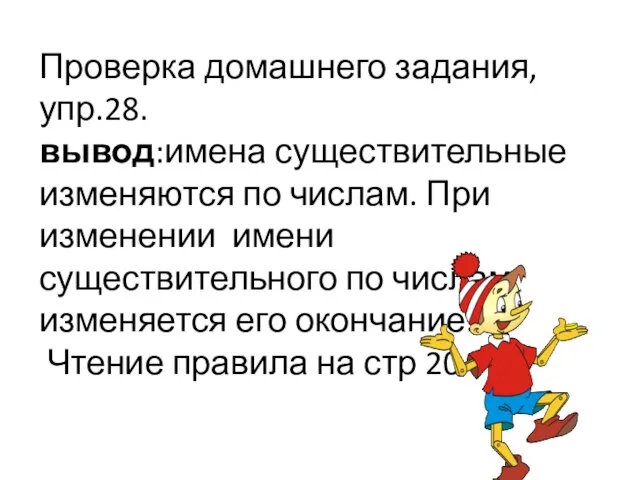 Проверка домашнего задания, упр.28. вывод:имена существительные изменяются по числам. При изменении имени