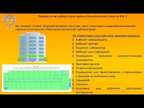 Первый этаж лаборатории уровня биологической защиты BSL-3 На территории «чистой» зоны запроектированы: