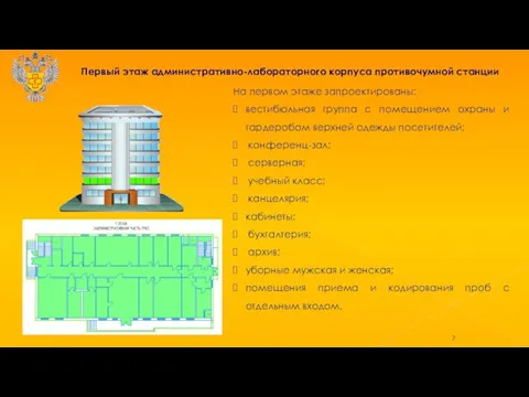 Первый этаж административно-лабораторного корпуса противочумной станции На первом этаже запроектированы: вестибюльная группа