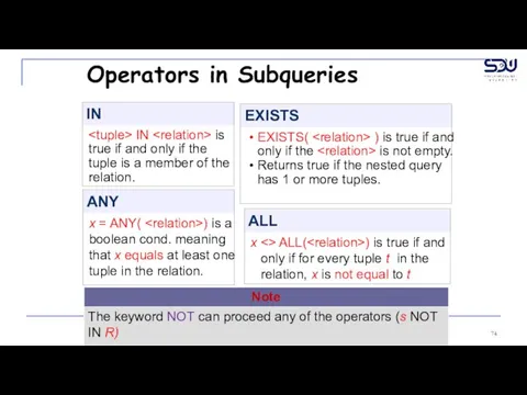 Operators in Subqueries IN IN is true if and only if the