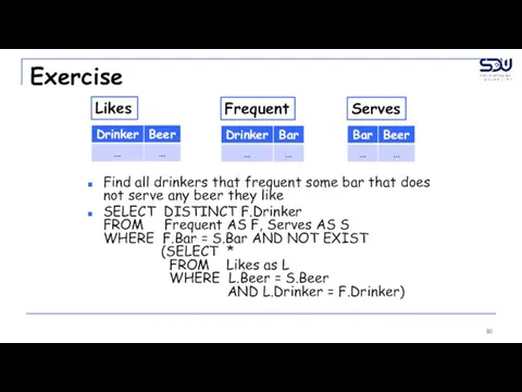 Exercise Find all drinkers that frequent some bar that does not serve