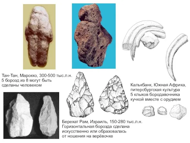 Берехат Рам, Израиль, 150-280 тыс.л.н. Горизонтальная борозда сделана искусственно или образовалась от