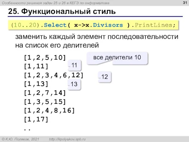 25. Функциональный стиль (10..20).Select( x->x.Divisors ).PrintLines; заменить каждый элемент последовательности на список