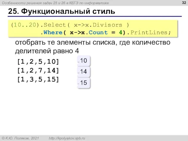 25. Функциональный стиль (10..20).Select( x->x.Divisors ) .Where( x->x.Count = 4).PrintLines; отобрать те