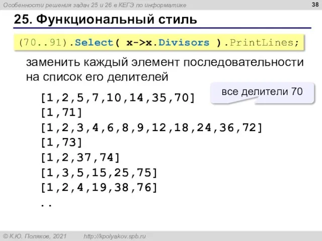 25. Функциональный стиль (70..91).Select( x->x.Divisors ).PrintLines; заменить каждый элемент последовательности на список