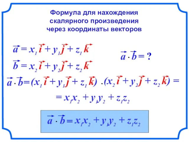 Формула для нахождения скалярного произведения через координаты векторов = x1x2 + y1y2 + z1z2