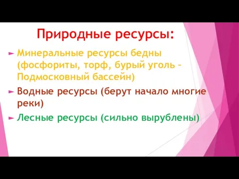 Природные ресурсы: Минеральные ресурсы бедны (фосфориты, торф, бурый уголь – Подмосковный бассейн)