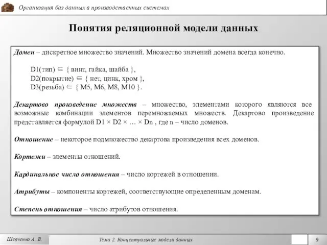 Шевченко А. В. Понятия реляционной модели данных Домен – дискретное множество значений.