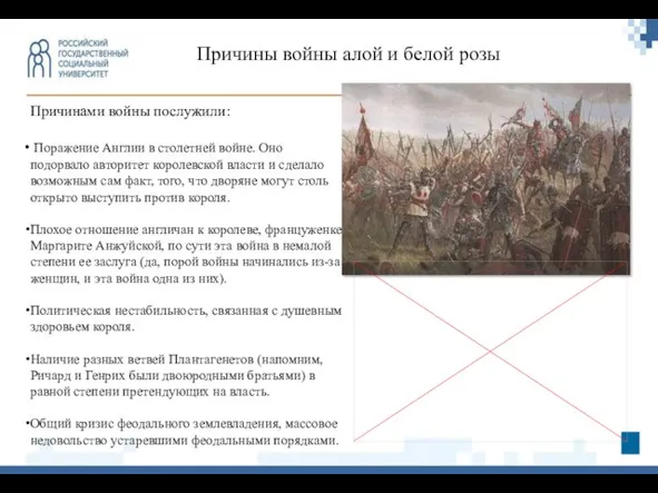 Причины войны алой и белой розы Причинами войны послужили: Поражение Англии в