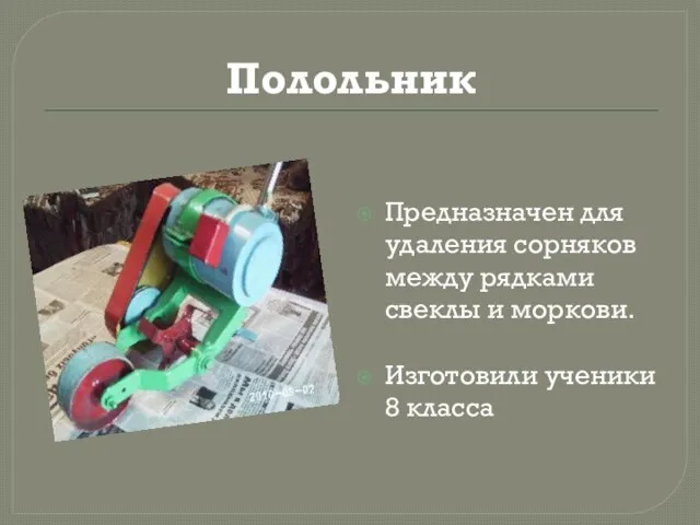 Полольник Предназначен для удаления сорняков между рядками свеклы и моркови. Изготовили ученики 8 класса