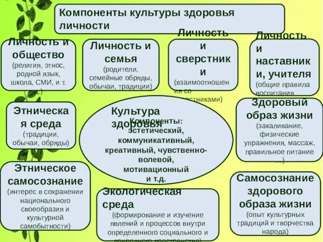 Компоненты культуры здоровья личности Личность и общество (религия, этнос, родной язык, школа,