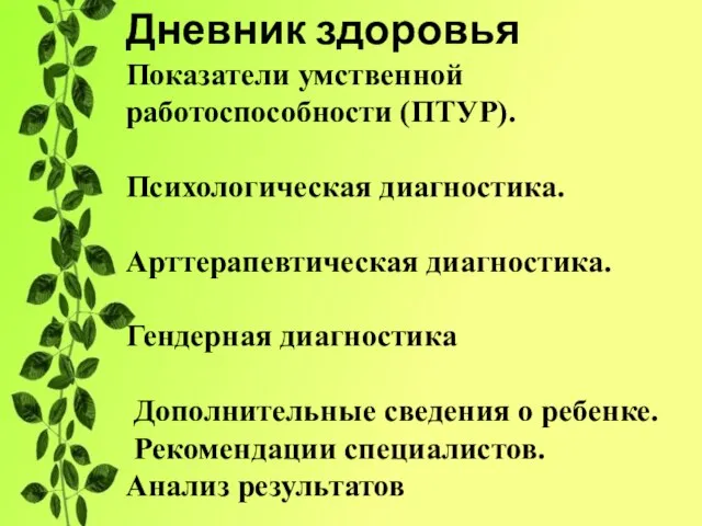 Дневник здоровья Показатели умственной работоспособности (ПТУР). Психологическая диагностика. Арттерапевтическая диагностика. Гендерная диагностика