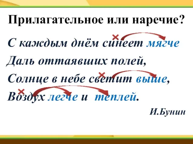 Прилагательное или наречие? С каждым днём синеет мягче Даль оттаявших полей, Солнце