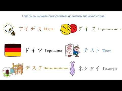 Теперь вы можете самостоятельно читать японские слова! Идея Германия Письменный стол Игральная кость Тест Галстук