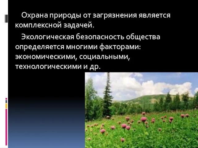 Охрана природы от загрязнения является комплексной задачей. Экологическая безопасность общества определяется многими