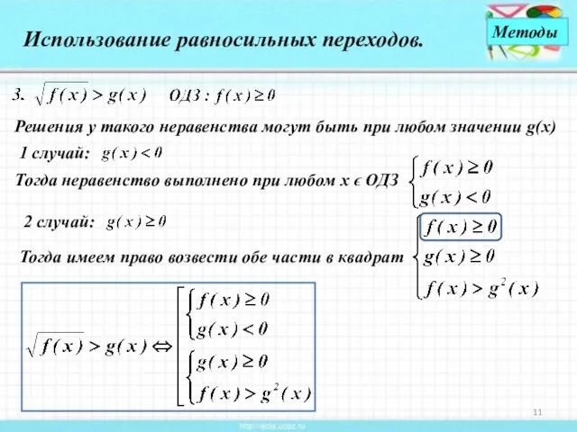 Использование равносильных переходов. Тогда неравенство выполнено при любом х ϵ ОДЗ Решения