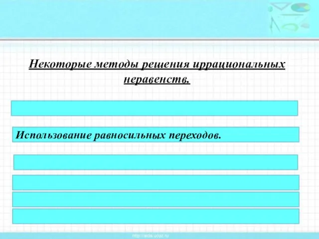 Использование равносильных переходов. Некоторые методы решения иррациональных неравенств.