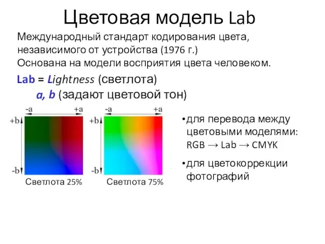 Цветовая модель Lab Международный стандарт кодирования цвета, независимого от устройства (1976 г.)