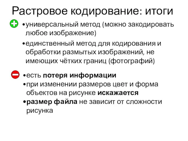 Растровое кодирование: итоги универсальный метод (можно закодировать любое изображение) единственный метод для