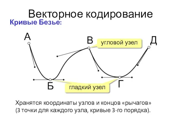 Векторное кодирование Кривые Безье: Хранятся координаты узлов и концов «рычагов» (3 точки