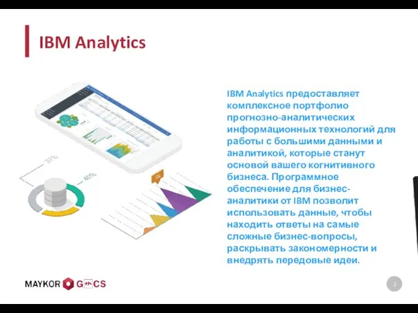 IBM Analytics IBM Analytics предоставляет комплексное портфолио прогнозно-аналитических информационных технологий для работы
