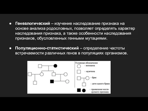 Генеалогический – изучение наследование признака на основе анализа родословных, позволяет определять характер