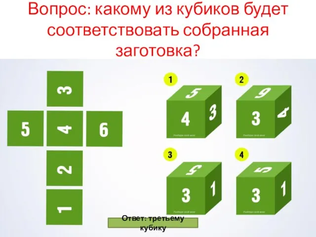 Вопрос: какому из кубиков будет соответствовать собранная заготовка? Ответ: третьему кубику