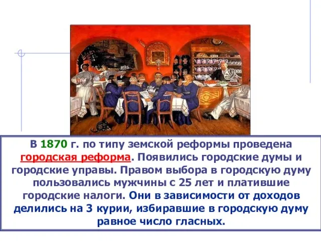 В 1870 г. по типу земской реформы проведена городская реформа. Появились городские