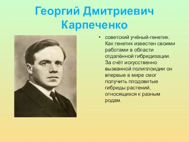 Георгий Дмитриевич Карпеченко советский учёный-генетик. Как генетик известен своими работами в области