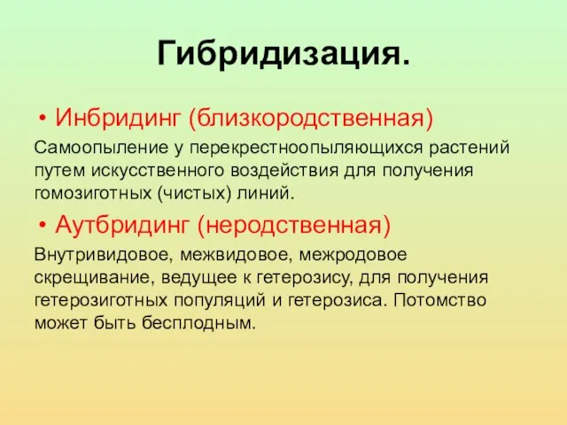 Гибридизация. Инбридинг (близкородственная) Самоопыление у перекрестноопыляющихся растений путем искусственного воздействия для получения