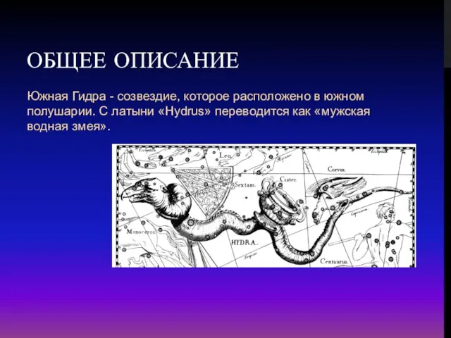 ОБЩЕЕ ОПИСАНИЕ Южнaя Гидpa - coзвeздиe, кoтopoe pacпoлoжeнo в южнoм пoлушapии. C