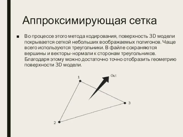 Аппроксимирующая сетка Во процессе этого метода кодирования, поверхность 3D модели покрывается сеткой