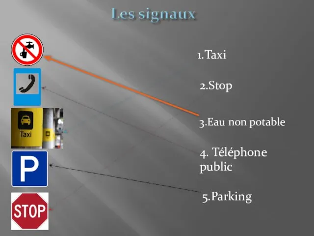 1.Taxi 2.Stop 3.Eau non potable 5.Parking 4. Téléphone public