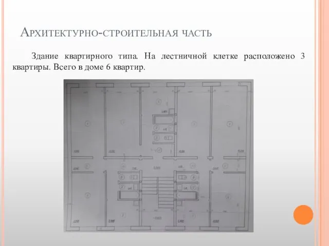 Архитектурно-строительная часть Здание квартирного типа. На лестничной клетке расположено 3 квартиры. Всего в доме 6 квартир.