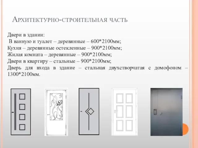 Архитектурно-строительная часть Двери в здании: В ванную и туалет – деревянные –